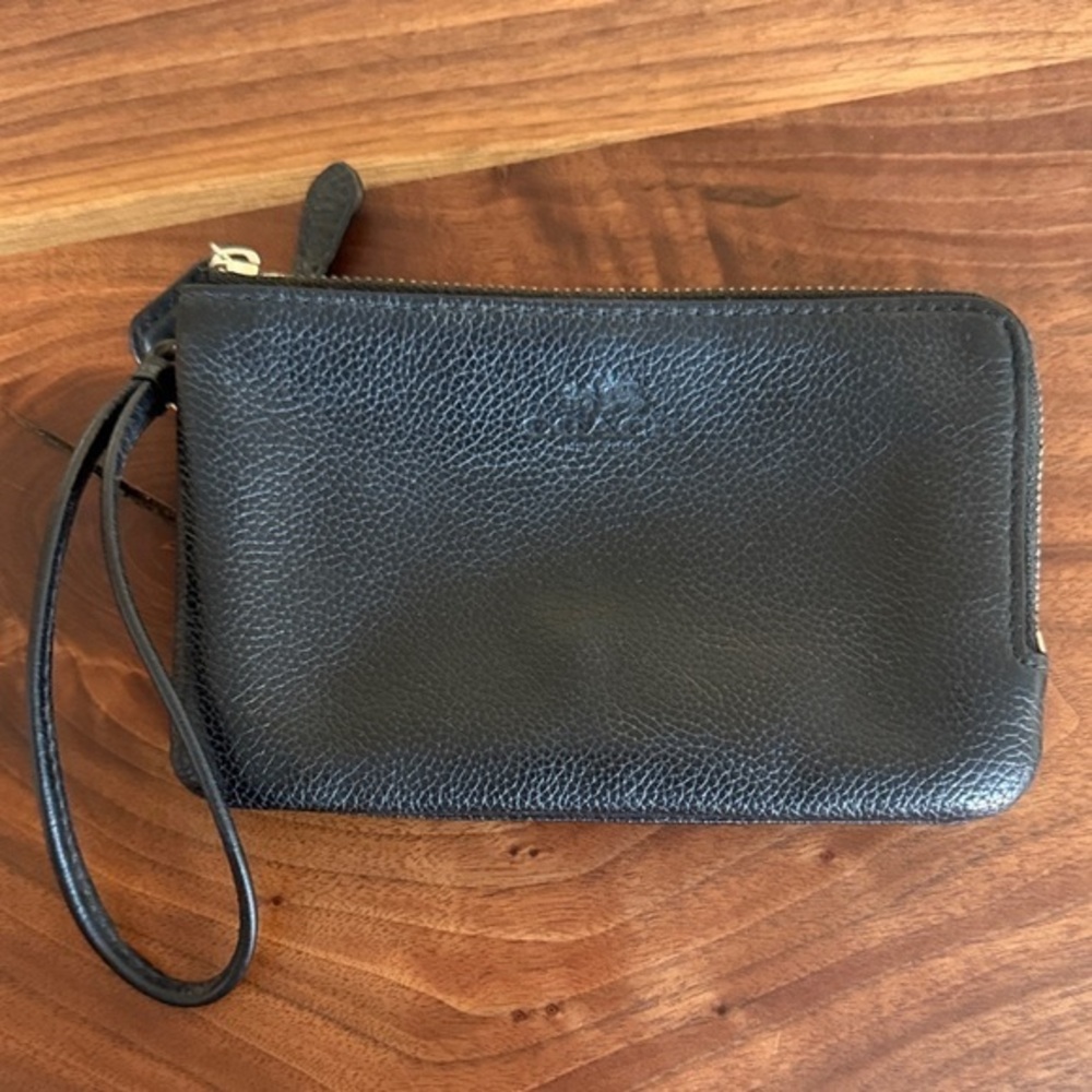 Coach Black Leather Wristlet double zipper black